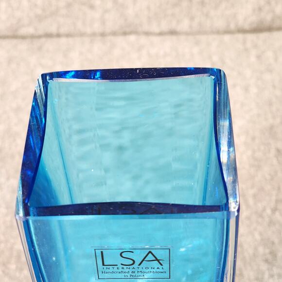 LSA Int'l Vase 8" Mouthblown Poland Aqua Blue Square Bud Excellent Condition Vtg - Picture 3 of 11